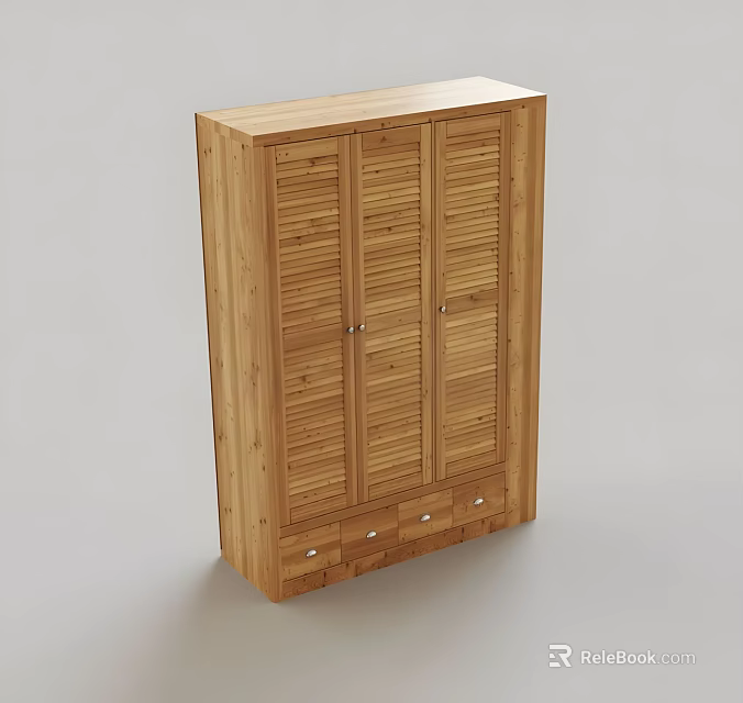 Simple Modern Wooden Wardrobe With Three Shutter Doors And Three Bottom Drawers 3d model 