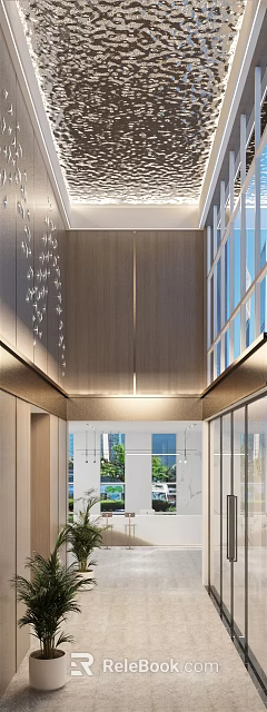 Modern Elegant Hotel Lobby With Wooden Walls Glass Curtain Walls Chandeliers And Green Plants 3d model 