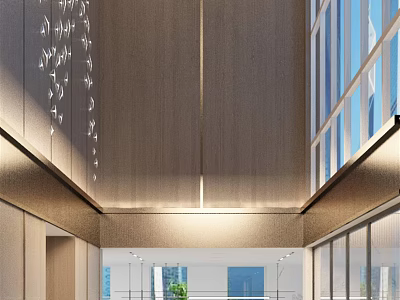 Modern Elegant Hotel Lobby With Wooden Walls Glass Curtain Walls Chandeliers And Green Plants 3d model