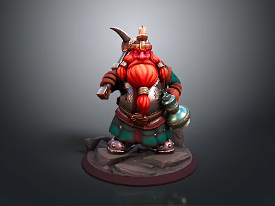 Fantasy Dwarf Warrior With Red Beard Green Armor Axe Holding Vessel On Base 3d model