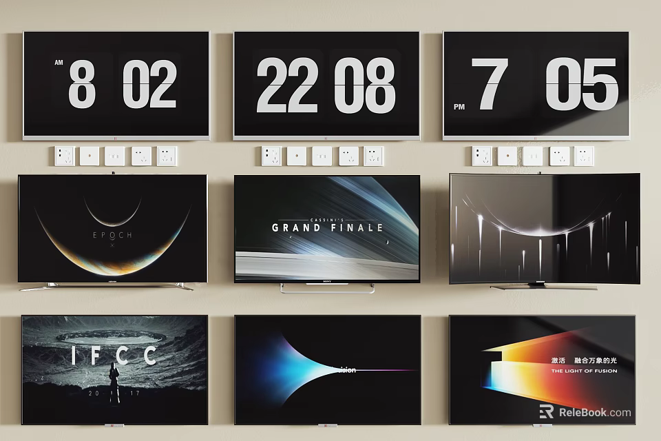 Multiple Televisions Displaying Various Time Screens Text And Abstract Backgrounds 3d model 