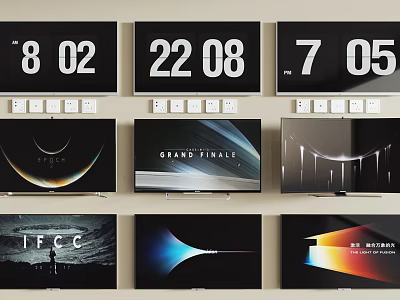 Multiple Televisions Displaying Various Time Screens Text And Abstract Backgrounds 3d model
