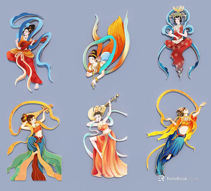 Traditional Chinese Flying Fairy Hanging Decorations with Flowing Dresses and Colorful Ribbons 3d model 