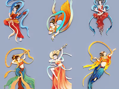 Traditional Chinese Flying Fairy Hanging Decorations with Flowing Dresses and Colorful Ribbons 3d model