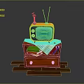 Vintage Yellow TV On Red Cabinet With Books Colored Pencils And Checkered Cloth
