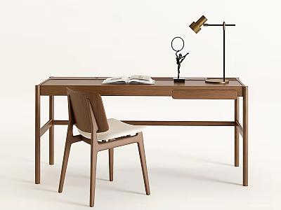 Modern Wooden Desk And Chair Set With Table Lamp Open Book And Magnifying Glass 3d model