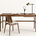 Modern Wooden Desk And Chair Set With Table Lamp Open Book And Magnifying Glass
