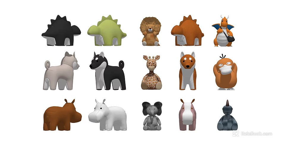 Cute Various Animal Plush Toys Including Dinosaur Lion Dog Giraffe And Hippo Designs 3d model 
