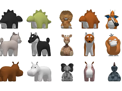 Cute Various Animal Plush Toys Including Dinosaur Lion Dog Giraffe And Hippo Designs 3d model