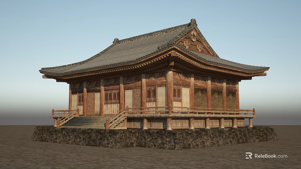 Traditional Ancient Architecture With Classic Roof Wooden Structure And Stone Steps 3d model 