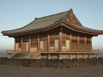 Traditional Ancient Architecture With Classic Roof Wooden Structure And Stone Steps 3d model
