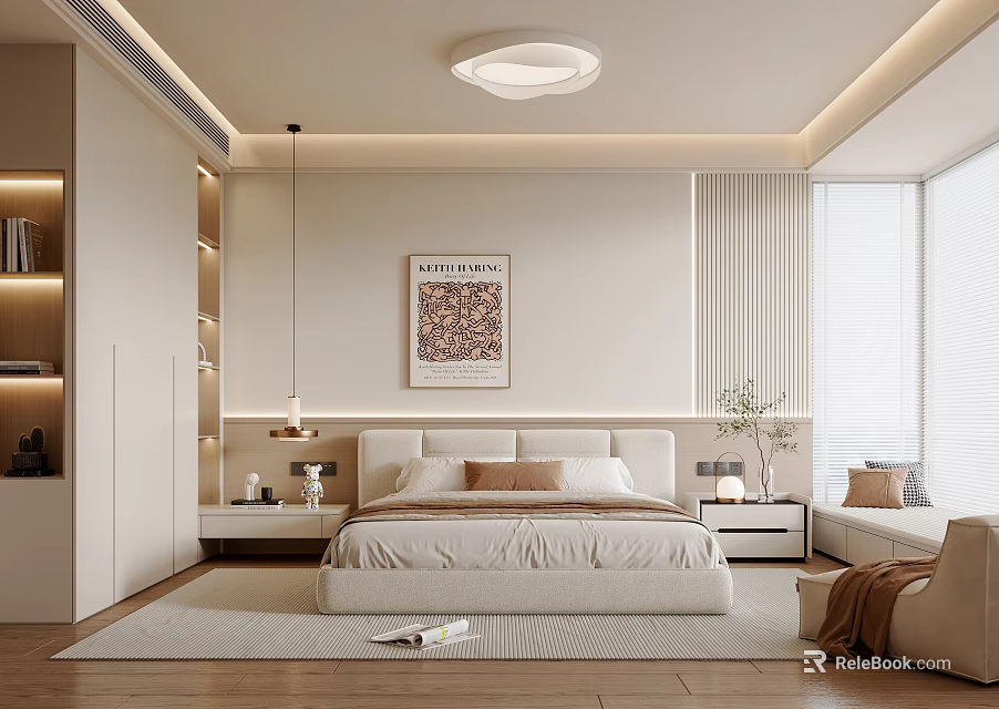 Modern Bedroom Interior Design With Large Bed Bedside Painting Nightstands Windows And Soft Rug 3d model 