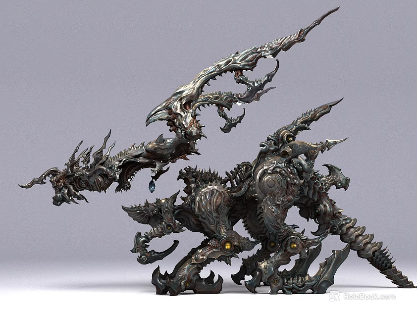 Intricate Fantasy Dragon Sculpture With Metallic Mechanical Details And Ornate Design 3d model