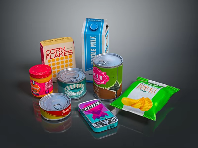 Daily Living Essential Food Items Including Corn Flakes Milk Carton Canned Goods And Potato Chips 3d model