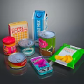Daily Living Essential Food Items Including Corn Flakes Milk Carton Canned Goods And Potato Chips