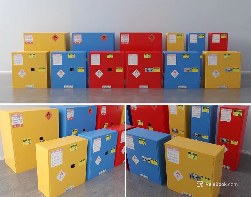 Colorful Labeled Storage Cabinets In Yellow Blue Red For Organized Storage Spaces 3d model 