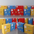Colorful Labeled Storage Cabinets In Yellow Blue Red For Organized Storage Spaces