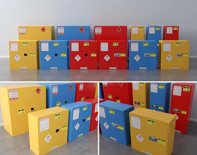Colorful Labeled Storage Cabinets In Yellow Blue Red For Organized Storage Spaces 3d model