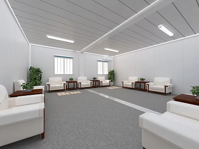 Hotel Public Lounge Interior With White Sofas Green Plants Windows And Gray Carpet 3d model