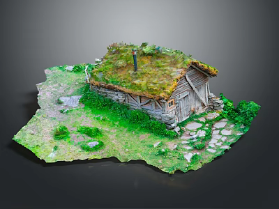 Wooden Cottage With Green Grass Roof Surrounded By Grassland And Stone Path 3d model