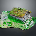 Wooden Cottage With Green Grass Roof Surrounded By Grassland And Stone Path