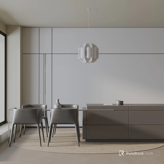 Modern Dining Table Set With Gray Chairs Pendant Light And Wooden Floor Interior 3d model 