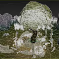 Cartoon Ancient Ruins Scene With Big Tree Broken Stone Pillars And Rocky Mountains