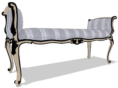 Classic Ottoman Bench With Gray Floral Upholstery Black Ornate Trim And Curved Legs 3d model