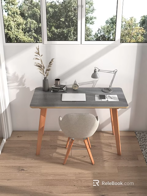Modern Home Office Desk With Wooden Legs Gray Top Beige Chair Table Lamp And Notebook 3d model 