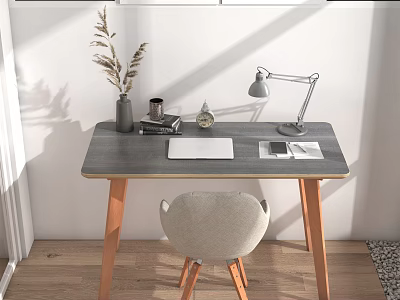 Modern Home Office Desk With Wooden Legs Gray Top Beige Chair Table Lamp And Notebook 3d model