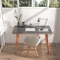Modern Home Office Desk With Wooden Legs Gray Top Beige Chair Table Lamp And Notebook
