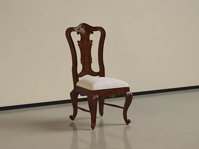 Traditional Dark Brown Wooden Dining Chair With Carved Backrest And White Padded Seat 3d model