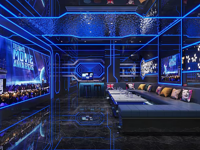 Futuristic KTV Lounge With Modern Blue Lighting Comfortable Sofa Screens And Bar Counter 3d model