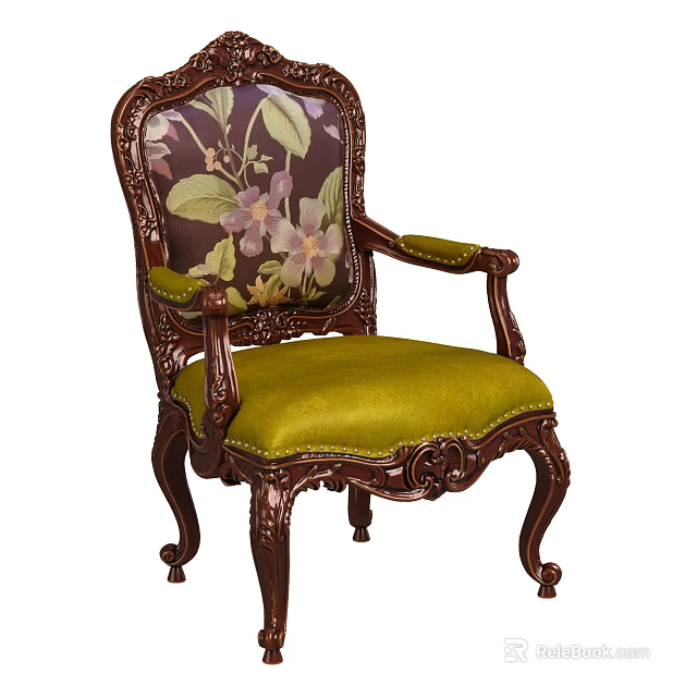 Classic Carved Wooden Accent Chair With Floral Pattern Backrest Green Padded Seat And Ornate Legs 3d model 