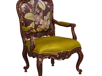 Classic Carved Wooden Accent Chair With Floral Pattern Backrest Green Padded Seat And Ornate Legs 3d model