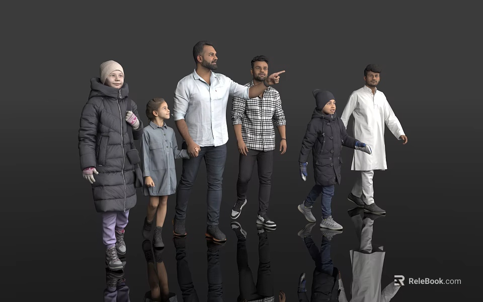Diverse Group of People Standing in Various Outfits with Reflections on Gray Background 3d model 