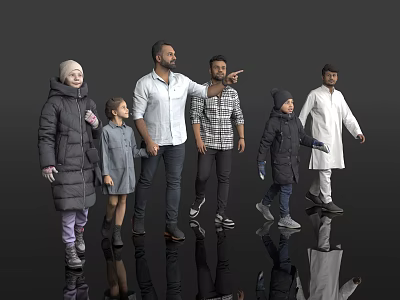 Diverse Group of People Standing in Various Outfits with Reflections on Gray Background 3d model