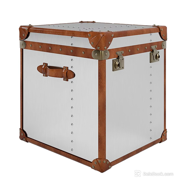 Vintage Leather Trunk with Wooden Frame Metal Rivets Leather Handle and Metal Locks 3d model 