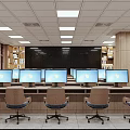 Modern Control Room Interior With Multiple Computer Monitors Ergonomic Chairs Bookshelves And Ceiling Lights 3d model