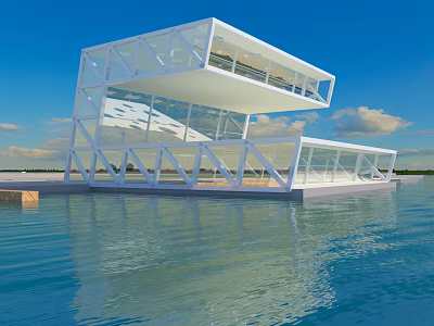 Modern Office Building on Water With White Steel Frame And Glass Facade 3d model