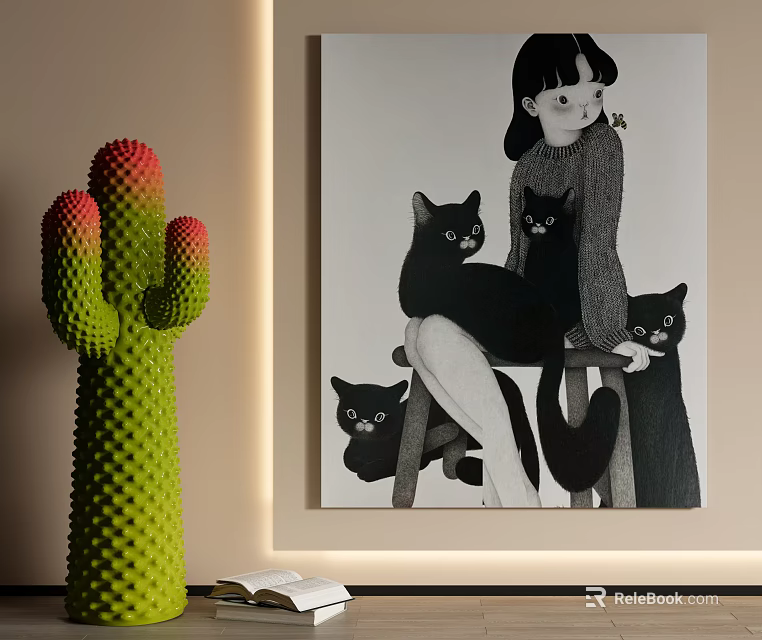 Black and White Portrait Painting of Girl Featuring Black Cats Sitting on Chair 3d model 