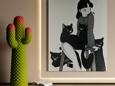 Black and White Portrait Painting of Girl Featuring Black Cats Sitting on Chair 3d model