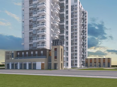 Modern High Rise Residential Building With Commercial Podium Green Lawn And Road Under Cloudy Sky 3d model