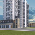 Modern High Rise Residential Building With Commercial Podium Green Lawn And Road Under Cloudy Sky