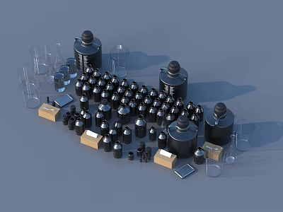 Industrial Equipment Featuring Large Black Canisters Small Silver Components Transparent Glass Containers And Square Boxes 3d model
