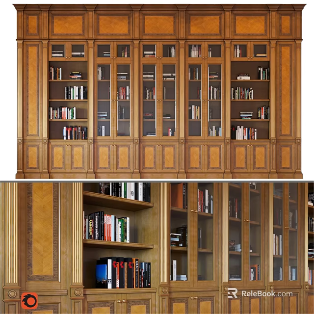 Traditional Wooden Dresser With Glass Doors And Shelves For Storing Books 3d model 