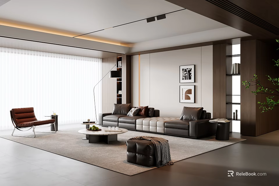 Modern Living Room Interior With Black Leather Sofa Coffee Table And Wall Art 3d model