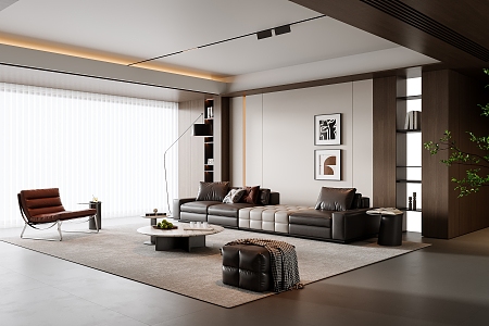 Modern Italian Living Room Sofa Coffee Table Combination Leather Sofa Background Wall Without Main Light Living Room Dream Curtain Single Sofa Multi-Person Sofa Ornaments 3d model