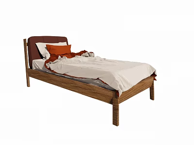 Cozy Single Bed With Wooden Headboard White Sheets And Orange Decorative Pillows 3d model