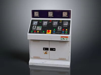 White Control Panel Console With Dials Buttons Switches And Warning Labels 3d model